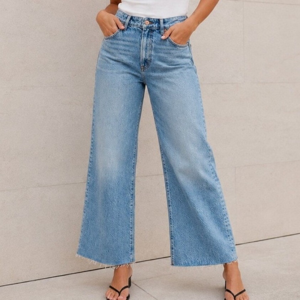 Express Wide Leg Jeans Womens 14R Light Blue‎ Cotton Blend High Rise Raw Hem